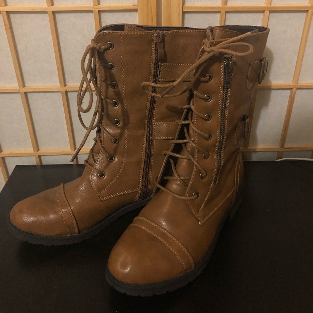 Brown Faux Leather Combat Boots